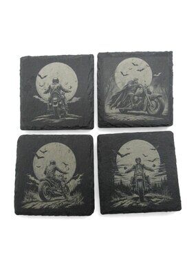 Slate Motorcycle Skeleton Coaster Moonlit Gothic Set of 4